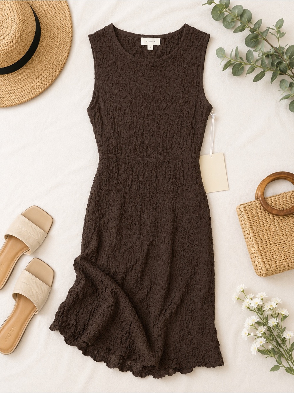 Sleeveless Textured Brown Women's Dress